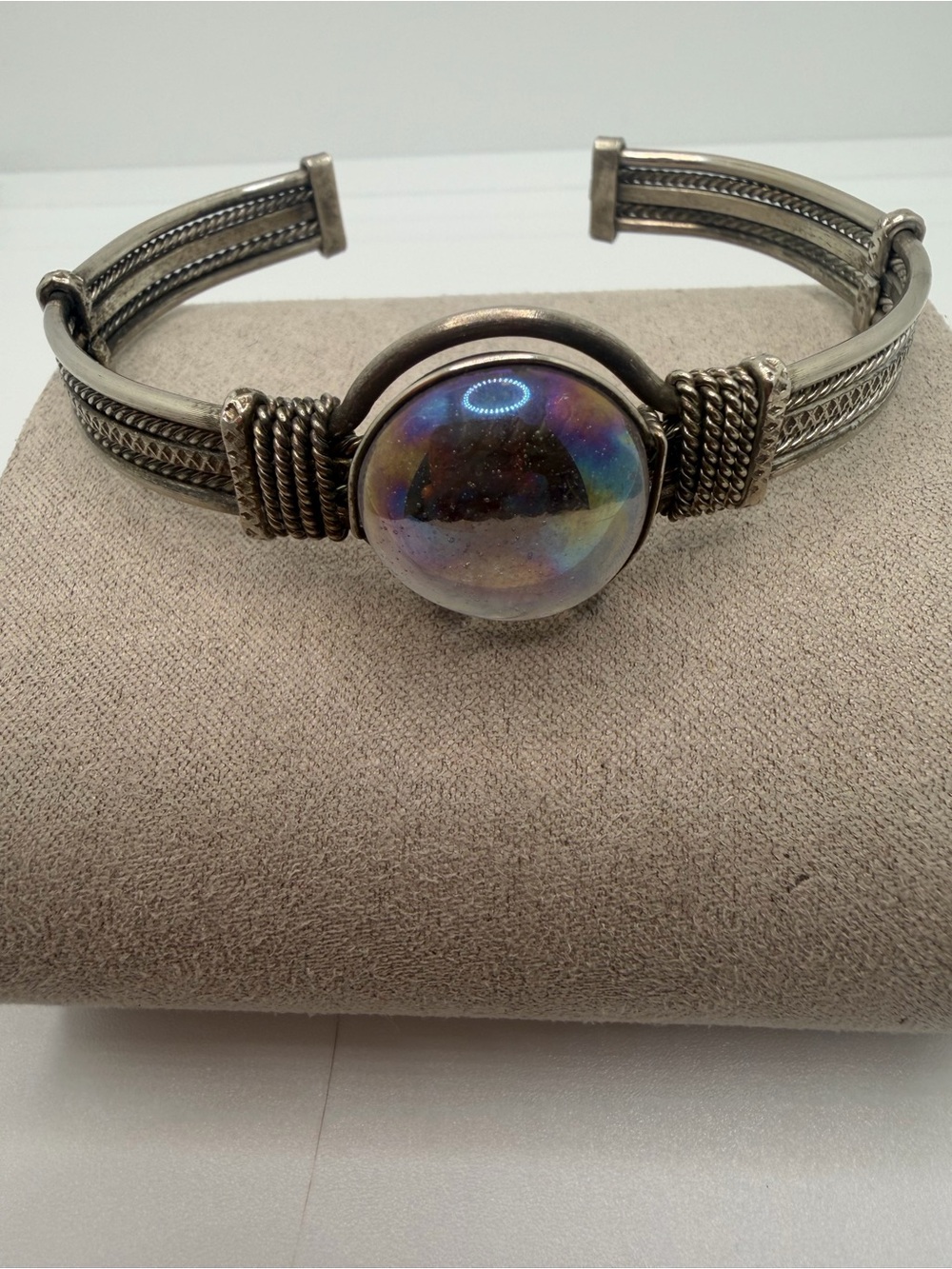 Iridescent Glass Dome Silver-Tone Cuff Bracelet